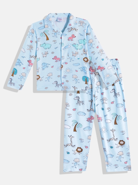 

NAUTI KIDZ Boys Blue & Yellow Conversational Print Pure Cotton Pyjama Set