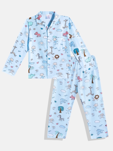 

NAUTI KIDZ Boys Blue & Yellow Conversational Print Pure Cotton Pyjama Set