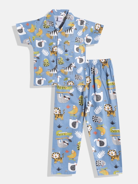 

NAUTI KIDZ Boys Blue & Orange Conversational Print Pure Cotton Pyjama Set