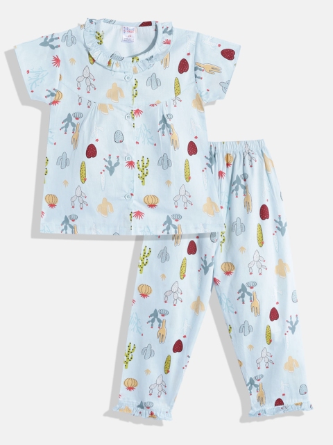 

NAUTI KIDZ Girls Blue & Green Conversational Print Pure Cotton Pyjama Set