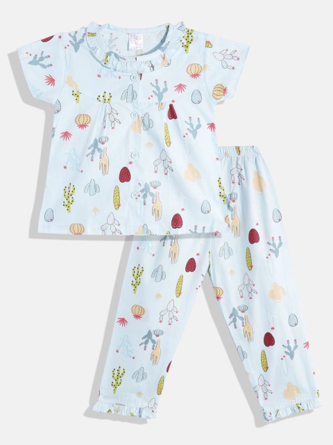 

NAUTI KIDZ Girls Blue & Green Conversational Print Pure Cotton Pyjama Set