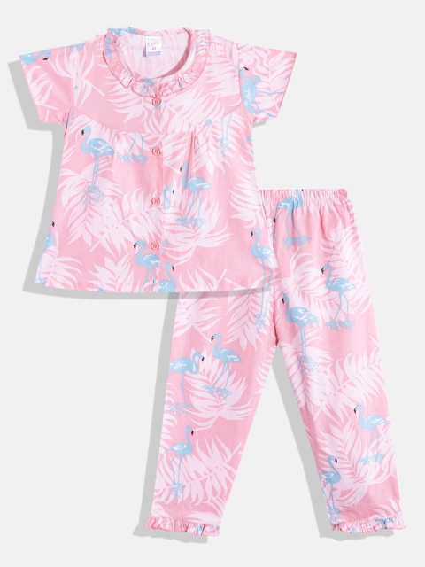 

NAUTI KIDZ Girls Peach-Coloured & Green Tropical Print Pure Cotton Pyjamas Set