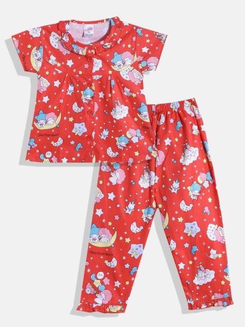 

NAUTI KIDZ Girls Red & White Printed Pure Cotton Pyjamas Set