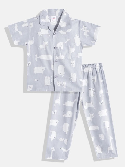 

NAUTI KIDZ Boys Grey & White Graphic Print Pure Cotton Pyjama Set