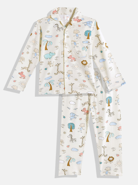 

NAUTI KIDZ Boys Cream-Coloured & Blue Conversational Print Pure Cotton Pyjama Set