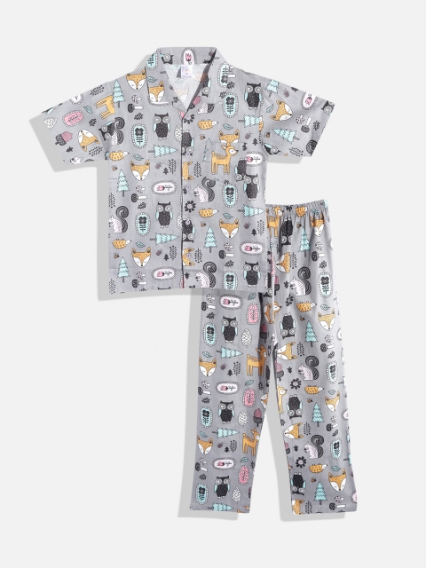 

NAUTI KIDZ Boys Grey & Black Conversational Print Pure Cotton Pyjama Set