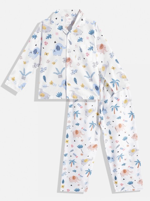 

NAUTI KIDZ Boys White & Blue Conversational Print Pure Cotton Pyjama Set