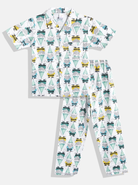 

NAUTI KIDZ Boys White & Green Graphic Print Pure Cotton Pyjama Set