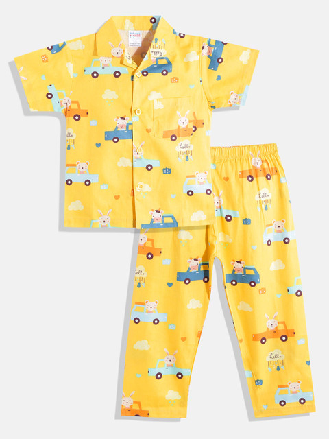 

NAUTI KIDZ Boys Yellow & Blue Conversational Print Pure Cotton Pyjama Set