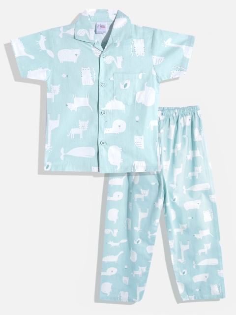 

NAUTI KIDZ Boys Green & White Conversational Print Pure Cotton Pyjama Set