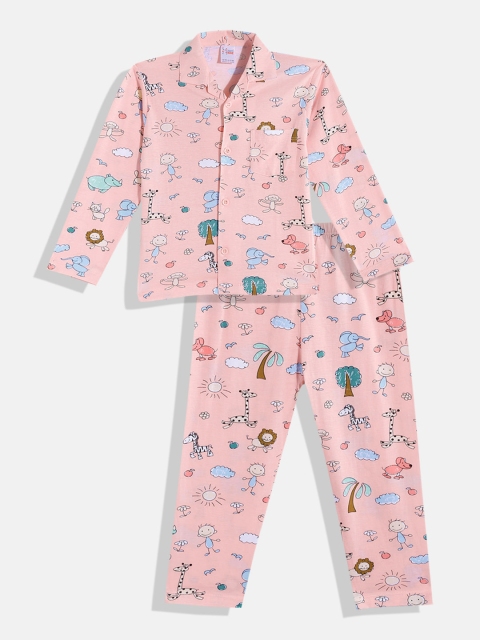 

NAUTI KIDZ Boys Peach-Coloured & Blue Conversational Print Pure Cotton Pyjama Set