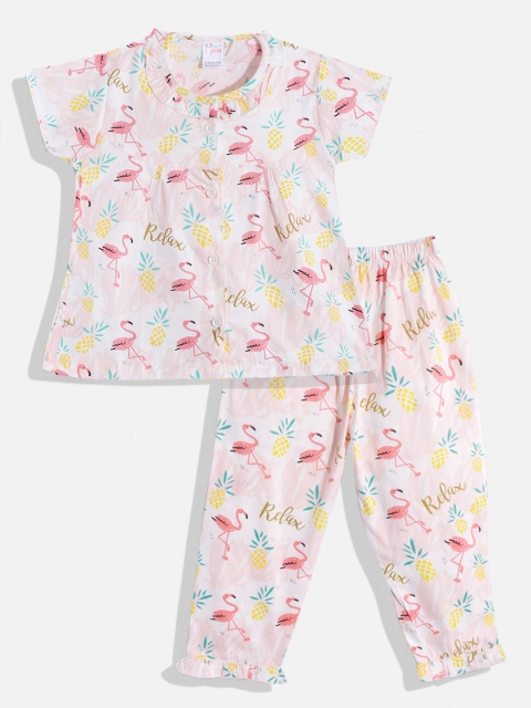 

NAUTI KIDZ Girls Peach-Coloured & Green Tropical Print Pure Cotton Pyjamas Set