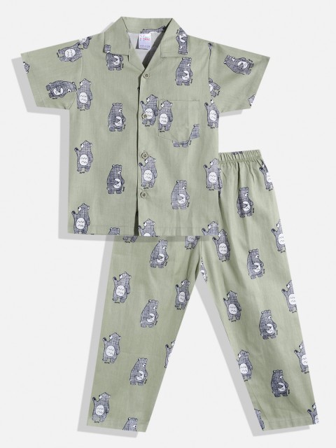 

NAUTI KIDZ Boys Green & Black Conversational Print Pure Cotton Pyjama Set
