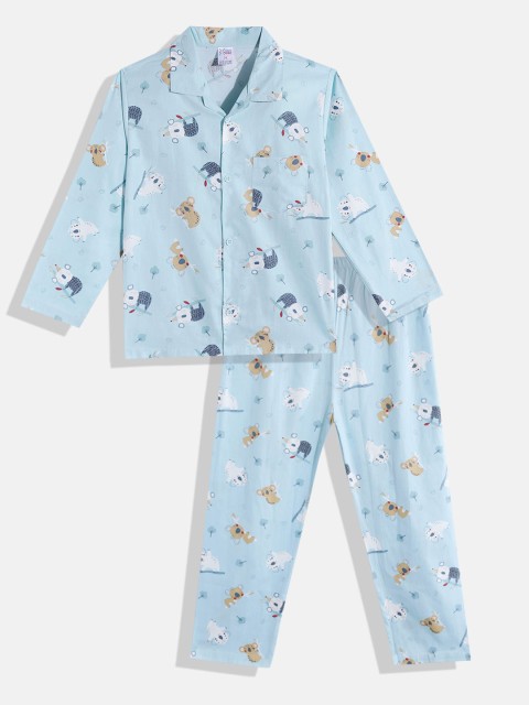 

NAUTI KIDZ Boys Blue & White Conversational Print Pure Cotton Pyjama Set