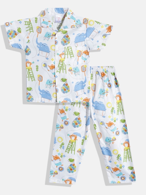 

NAUTI KIDZ Boys White & Blue Conversational Print Pure Cotton Pyjama Set