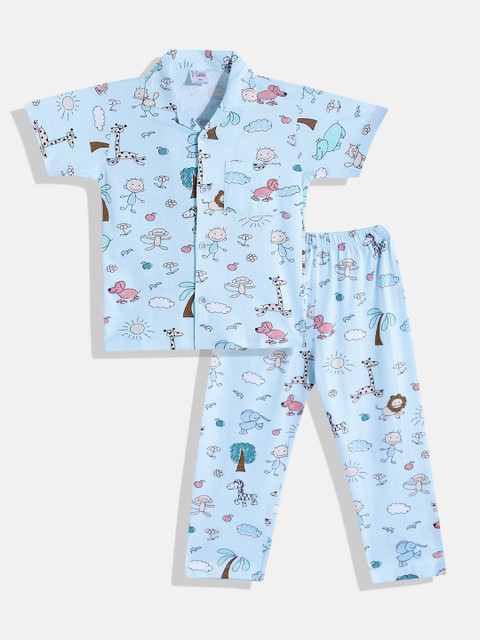 

NAUTI KIDZ Boys Blue & Green Conversational Print Pure Cotton Pyjama Set