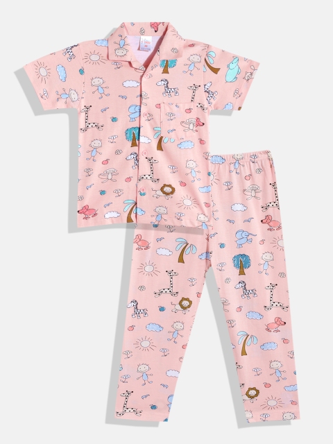 

NAUTI KIDZ Boys Peach-Coloured & Blue Conversational Print Pure Cotton Pyjama Set