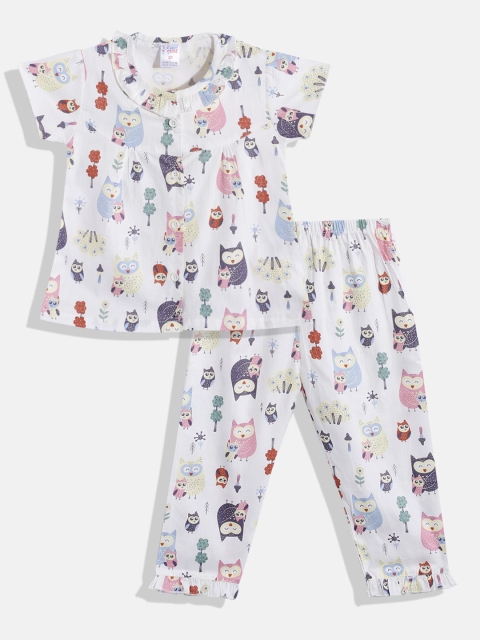 

NAUTI KIDZ Girls Off White & Peach-Coloured Printed Pure Cotton Pyjamas Set