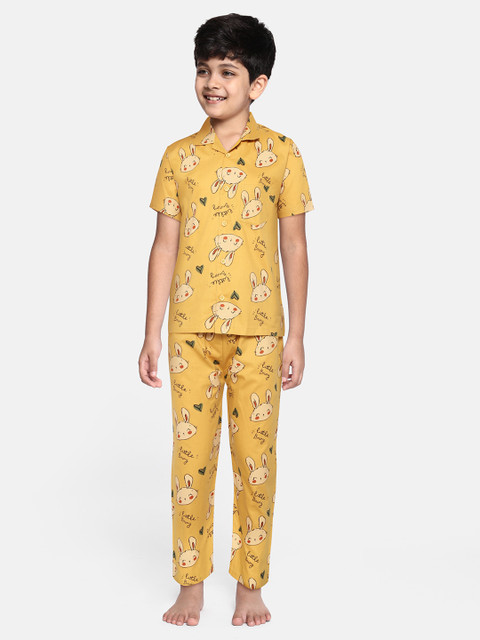 

NAUTI KIDZ Boys Mustard & Black Conversational Print Pure Cotton Pyjama Set