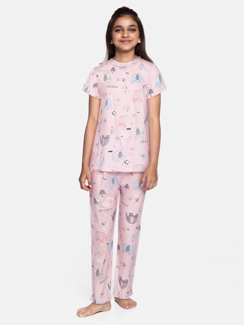 

NAUTI KIDZ Girls Peach-Coloured & Blue Printed Pure Cotton Pyjamas Set