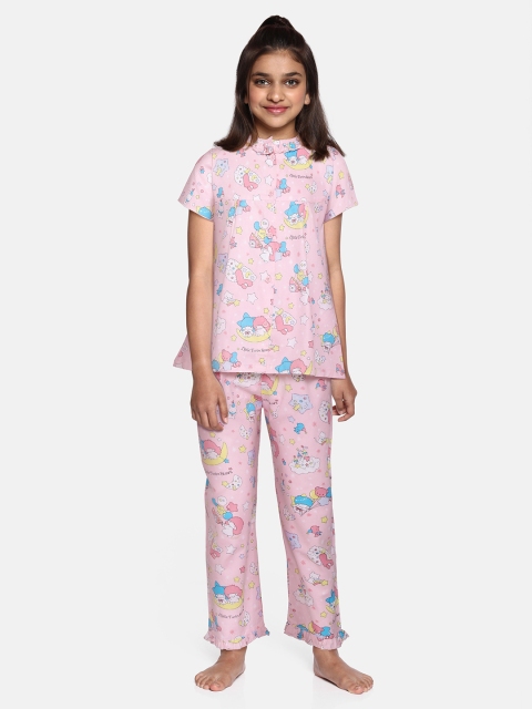 

NAUTI KIDZ Girls Peach-Coloured & White Printed Pure Cotton Pyjamas Set