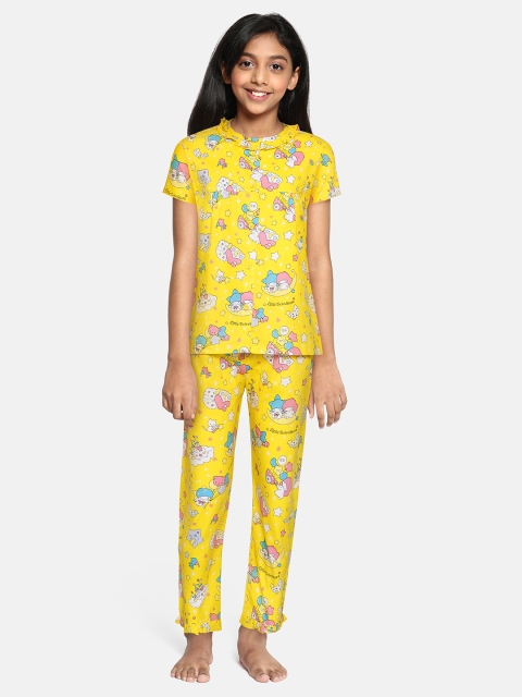 

NAUTI KIDZ Girls Yellow & Peach-Coloured Printed Pure Cotton Pyjamas Set