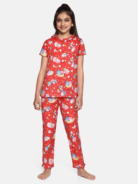 

NAUTI KIDZ Girls Red & White Printed Pure Cotton Pyjamas Set