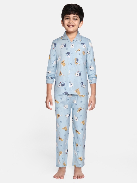 

NAUTI KIDZ Boys Blue & White Conversational Print Pure Cotton Pyjama Set