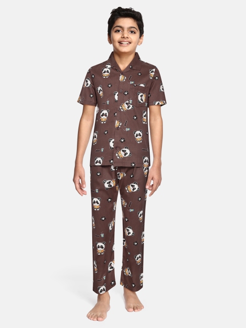 

NAUTI KIDZ Boys Brown & Black Conversational Print Pure Cotton Pyjama Set