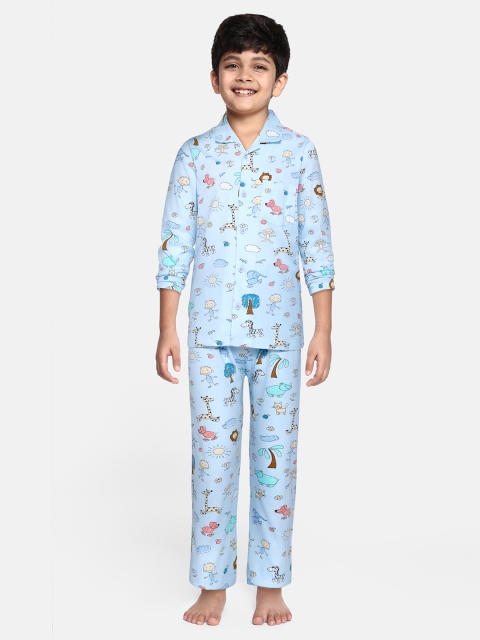 

NAUTI KIDZ Boys Blue & Beige Conversational Print Pure Cotton Pyjama Set