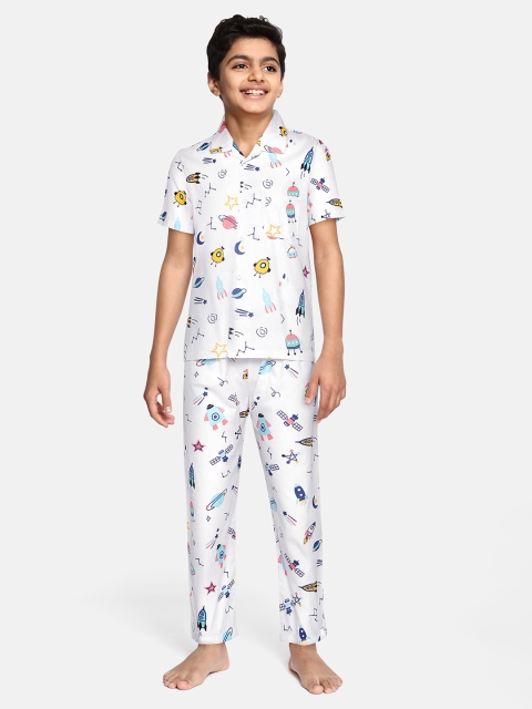 

NAUTI KIDZ Boys White & Blue Conversational Print Pure Cotton Pyjama Set