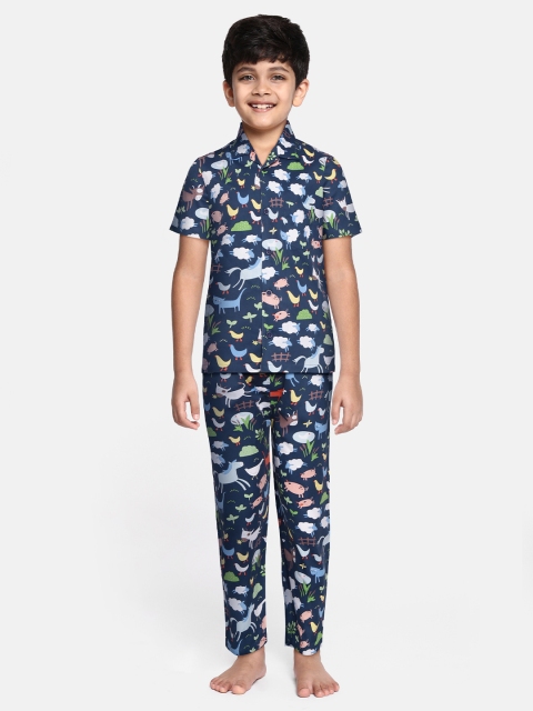 

NAUTI KIDZ Boys Navy Blue & Orange Conversational Print Pure Cotton Pyjama Set