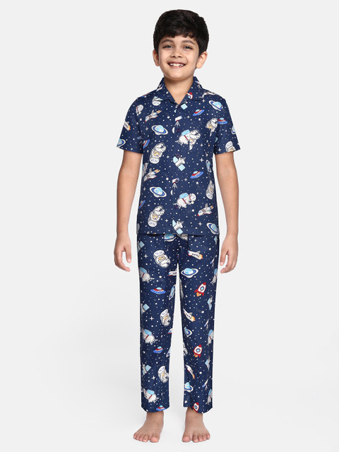 

NAUTI KIDZ Boys Navy Blue & White Conversational Print Pure Cotton Pyjama Set