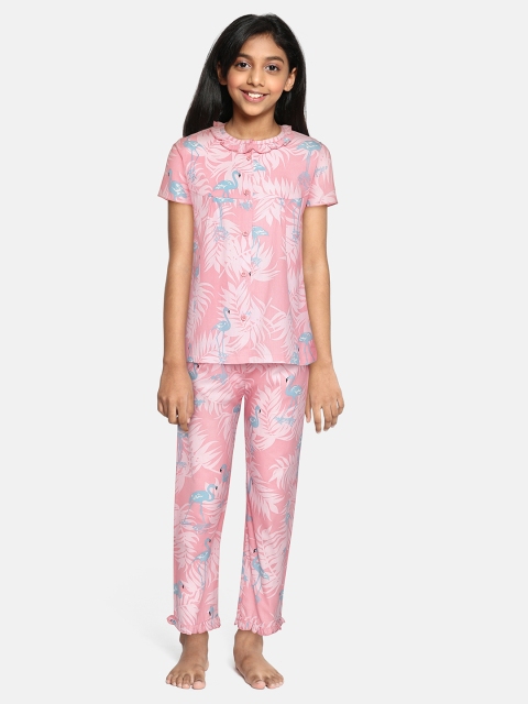 

NAUTI KIDZ Girls Peach-Coloured & Green Tropical Print Pure Cotton Pyjamas Set