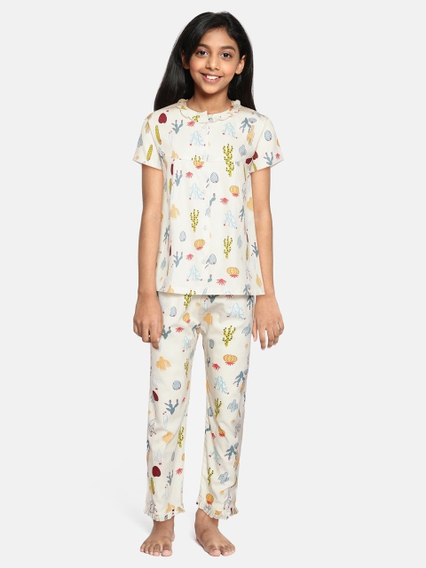 

NAUTI KIDZ Girls Cream-Coloured & Green Cactus Print Pure Cotton Pyjamas Set