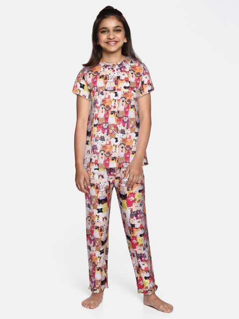 

NAUTI KIDZ Girls Multicoloured Printed Pure Cotton Pyjamas Set, Multi