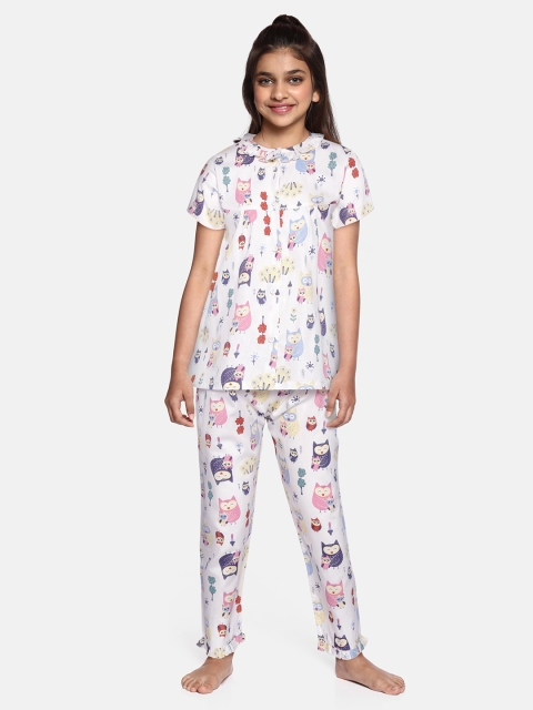 

NAUTI KIDZ Girls Off White & Peach-Coloured Owl Print Pure Cotton Pyjamas Set