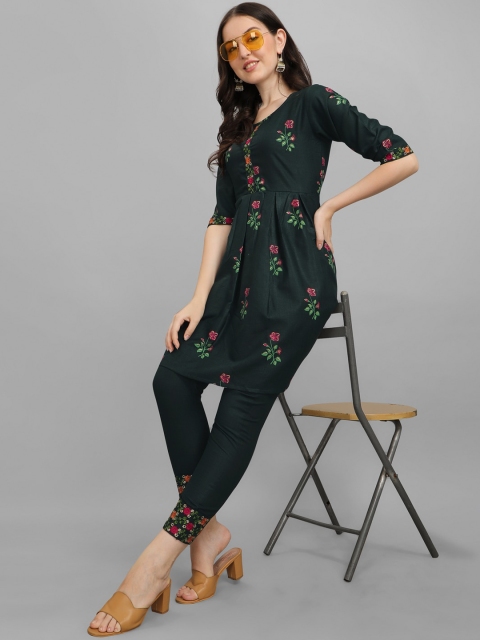 

KALINI Women Teal Floral Embroidered Angrakha Kurti with Palazzos
