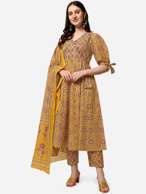 

MIRCHI FASHION Women Yellow Ethnic Motifs Printed Angrakha Sequinned Kurti with Trousers & With Dupatta