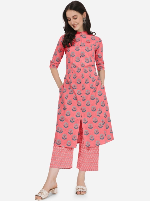 

MIRCHI FASHION Women Peach-Coloured Floral Printed High Slit Kurti with Palazzos