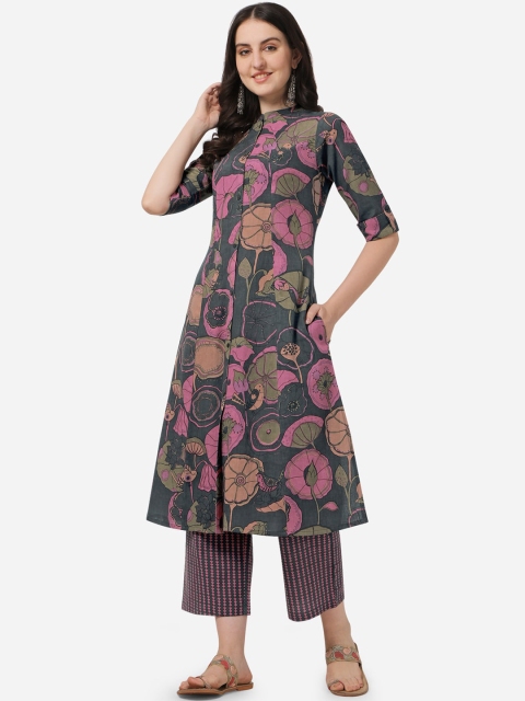 

MIRCHI FASHION Women Grey Printed High Slit Kurti with Trousers