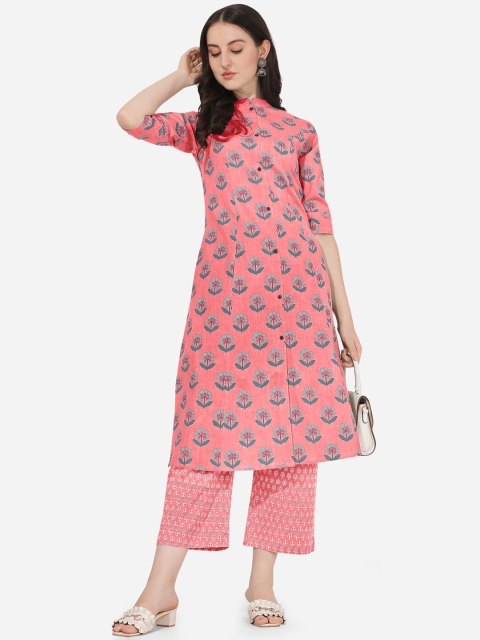 

MIRCHI FASHION Women Peach-Coloured Floral Printed High Slit Kurti with Palazzos