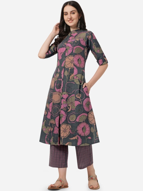 

MIRCHI FASHION Women Grey Printed High Slit Kurti with Trousers