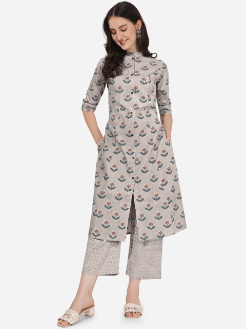 

MIRCHI FASHION Women Taupe Floral Printed High Slit Kurti with Palazzos