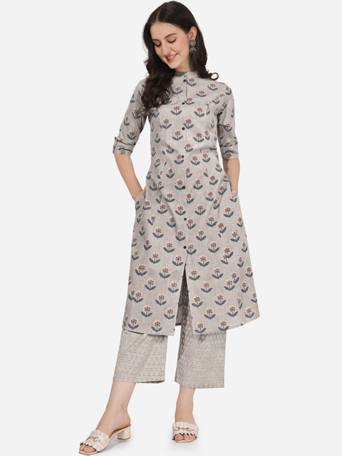 

MIRCHI FASHION Women Taupe Floral Printed High Slit Kurti with Palazzos