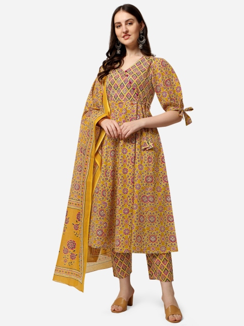 

MIRCHI FASHION Women Yellow Ethnic Motifs Printed Angrakha Sequinned Kurti with Trousers & With Dupatta