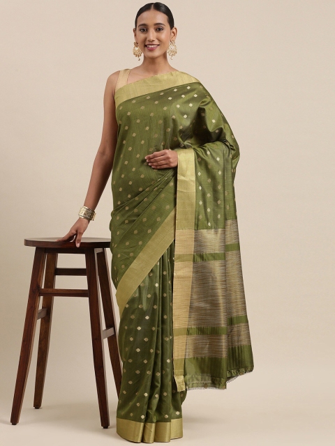 

KALINI Green & Gold-Toned Woven Design Zari Silk Cotton Banarasi Saree