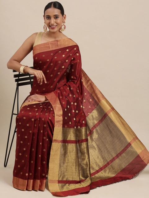 

KALINI Maroon & Gold-Toned Woven Design Zari Silk Cotton Banarasi Saree