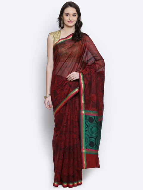 

Bunkar Maroon & Black Cotton Supernet Floral Print Saree