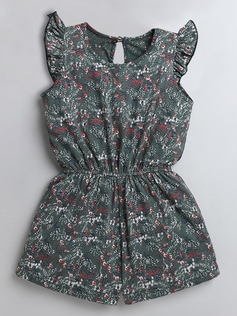 

Hopscotch Girls Green & White Printed Basic Jumpsuit